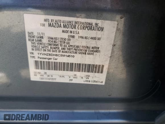 ✅ 2012 Mazda 6 i Touring • VIN: 1YVHZ8DH8C5M14510 • Lot: 60740165. Listed on Copart with 164,686 mi. Free auction sales archive from the USA and detailed vehicle history report at DreamBid. Image 12.