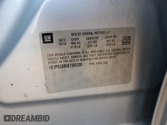 ✅ 2014 Chevrolet Cruze 2LT • VIN: 1G1PE5SB9E7385335 • Lot: 90363885. Listed on Copart with 138,490 mi. Free auction sales archive from the USA and detailed vehicle history report at DreamBid. Image 13.