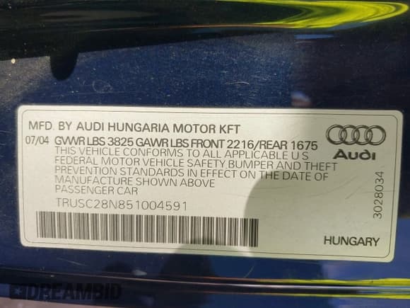 ✅ 2005 Audi TT • VIN: TRUSC28N851004591 • Lot: 43748817. Wystawiony na IAAI z przebiegiem Nie podano. Bezpłatny archiwum sprzedaży aukcyjnych z USA i szczegółowy raport historii pojazdu na DreamBid. Zdjęcie 9.