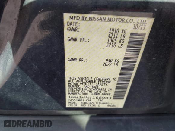 ✅ 2014 Nissan Altima SV • VIN: 1N4AL3AP7EC168903 • Lot: 43354952. Listed on IAAI with 149,997 mi. Free auction sales archive from the USA and detailed vehicle history report at DreamBid. Image 9.