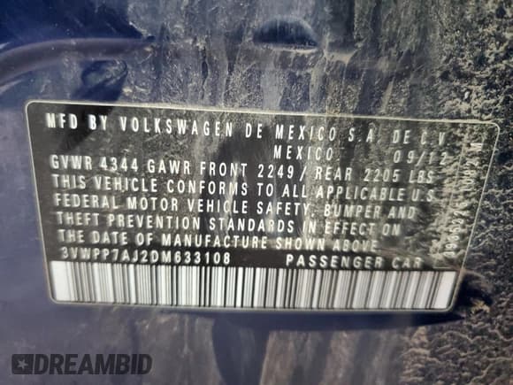 ✅ 2013 Volkswagen Jetta SE • VIN: 3VWPP7AJ2DM633108 • Lot: 87098445. Listed on Copart with 171,780 mi. Free auction sales archive from the USA and detailed vehicle history report at DreamBid. Image 12.