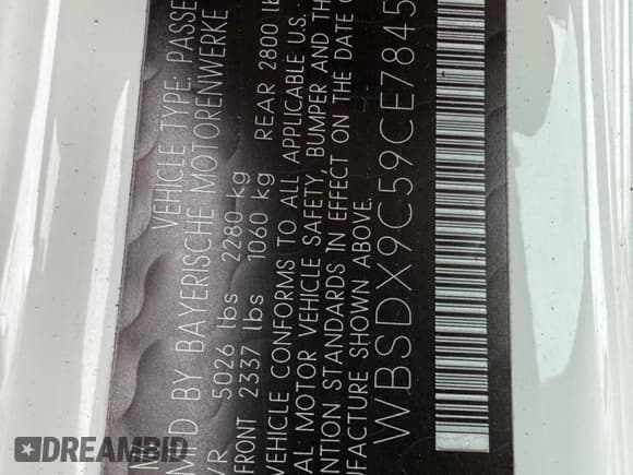 ✅ 2012 BMW M3 • VIN: WBSDX9C59CE784588 • Lot: 93059805. Listed on Copart with 36,730 mi. Free auction sales archive from the USA and detailed vehicle history report at DreamBid. Image 10.