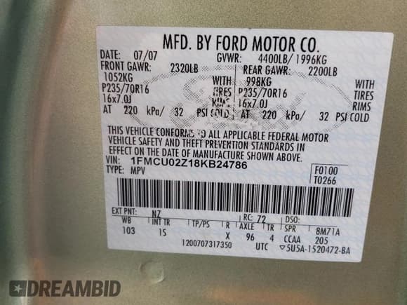 ✅ 2008 Ford Escape XLS • VIN: 1FMCU02Z18KB24786 • Lot: 70478325. Listed on Copart with 171,065 mi. Free auction sales archive from the USA and detailed vehicle history report at DreamBid. Image 13.