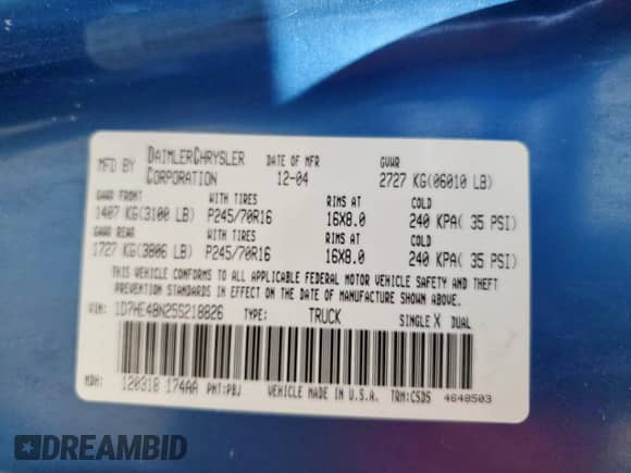 2005 Dodge Dakota SLT с VIN 1D7HE48N25S218826, выставлен на аукционе Copart как лот 61421965 с пробегом 189 195 миль миль и Чистый • Clean title. История ставок и продаж доступна на DreamBid. Изображение 12.