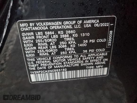 ✅ 2022 Volkswagen Atlas SE • VIN: 1V2KP2CA2NC553192 • Lot: 84924044. Listed on Copart with 39,854 mi. Free auction sales archive from the USA and detailed vehicle history report at DreamBid. Image 14.