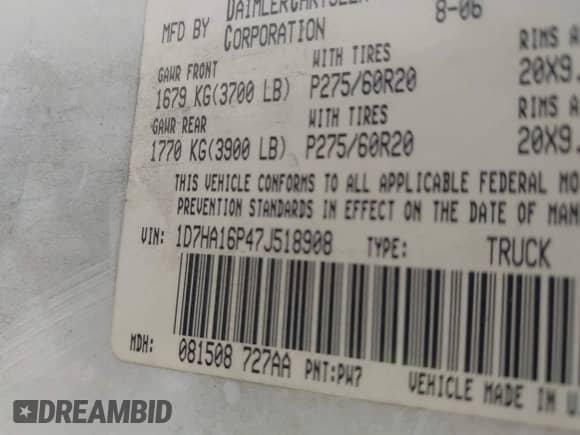 2007 Dodge 1500 SLT with VIN 1D7HA16P47J518908, listed as a IAAI auction lot 42524076 with 246,156 mi miles and . Bid and sale history available at DreamBid. Image 9.