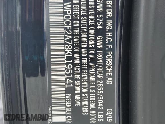 ✅ 2019 Porsche Panamera • VIN: WP0CF2A78KL195141 • Lot: 68950945. Wystawiony na Copart z przebiegiem 56 686 mil. Bezpłatny archiwum sprzedaży aukcyjnych z USA i szczegółowy raport historii pojazdu na DreamBid. Zdjęcie 12.
