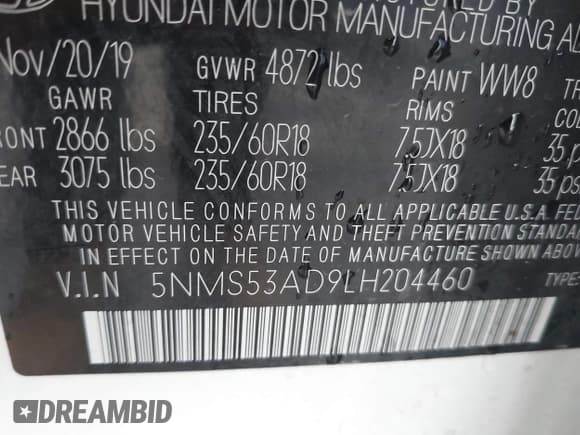 ✅ 2020 Hyundai Santa Fe Limited • VIN: 5NMS53AD9LH204460 • Lot: 42481221. Wystawiony na IAAI z przebiegiem 86 955 mil. Bezpłatny archiwum sprzedaży aukcyjnych z USA i szczegółowy raport historii pojazdu na DreamBid. Zdjęcie 9.