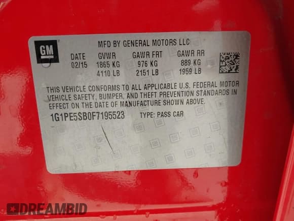 ✅ 2015 Chevrolet Cruze LT • VIN: 1G1PE5SB0F7195523 • Lot: 43005629. Listed on IAAI with 94,186 mi. Free auction sales archive from the USA and detailed vehicle history report at DreamBid. Image 9.