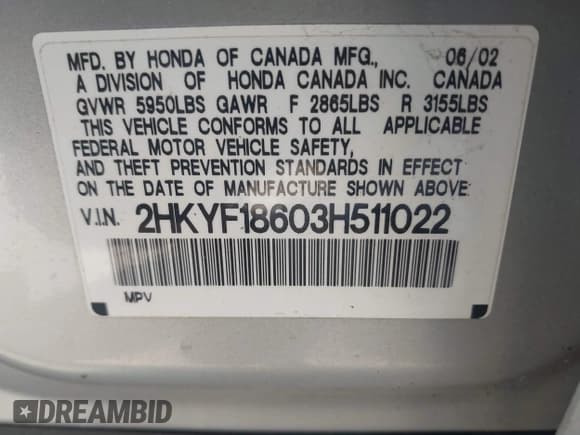 ✅ 2003 Honda Pilot EX • VIN: 2HKYF18603H511022 • Lot: 42564191. Listed on IAAI with 158,254 mi. Free auction sales archive from the USA and detailed vehicle history report at DreamBid. Image 9.