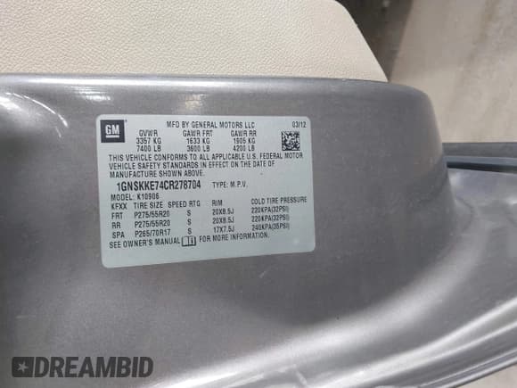 ✅ 2012 Chevrolet Suburban LTZ • VIN: 1GNSKKE74CR278704 • Lot: 43004708. Listed on IAAI with 203,840 mi. Free auction sales archive from the USA and detailed vehicle history report at DreamBid. Image 9.