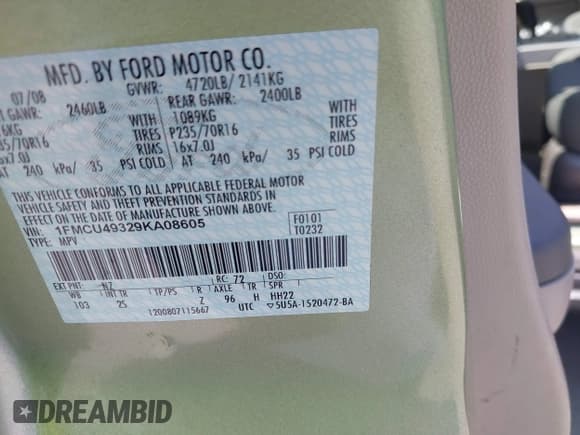 ✅ 2009 Ford Escape Hybrid • VIN: 1FMCU49329KA08605 • Lot: 42367265. Listed on IAAI with 166,562 mi. Free auction sales archive from the USA and detailed vehicle history report at DreamBid. Image 9.