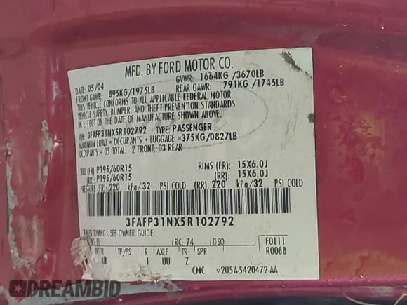 ✅ 2005 Ford Focus S • VIN: 3FAFP31NX5R102792 • Lot: 43792506. Listed on IAAI with Not provided. Free auction sales archive from the USA and detailed vehicle history report at DreamBid. Image 9.