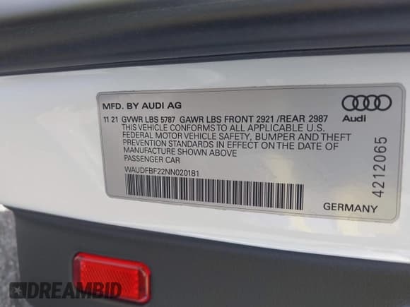 ✅ 2022 Audi S6 Premium Plus • VIN: WAUDFBF22NN020181 • Lot: 42813295. Listed on IAAI with 58,935 mi. Free auction sales archive from the USA and detailed vehicle history report at DreamBid. Image 9.