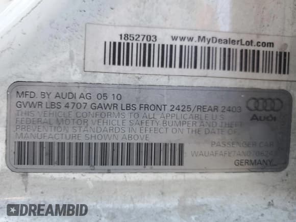 ✅ 2010 Audi A4 Premium • VIN: WAUAFAFL7AN070624 • Lot: 86867755. Listed on Copart with 141,188 mi. Free auction sales archive from the USA and detailed vehicle history report at DreamBid. Image 13.