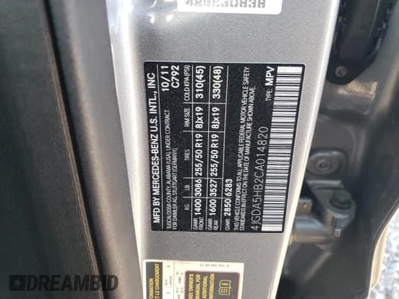 ✅ 2012 Mercedes-Benz M 350 • VIN: 4JGDA5HB2CA014820 • Lot: 52919205. Listed on Copart with 176,789 mi. Free auction sales archive from the USA and detailed vehicle history report at DreamBid. Image 13.