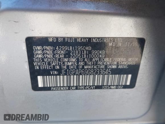 ✅ 2016 Subaru Impreza Special Sports Premium • VIN: JF1GPAP69G8233645 • Lot: 43023196. Listed on IAAI with 154,069 mi. Free auction sales archive from the USA and detailed vehicle history report at DreamBid. Image 9.