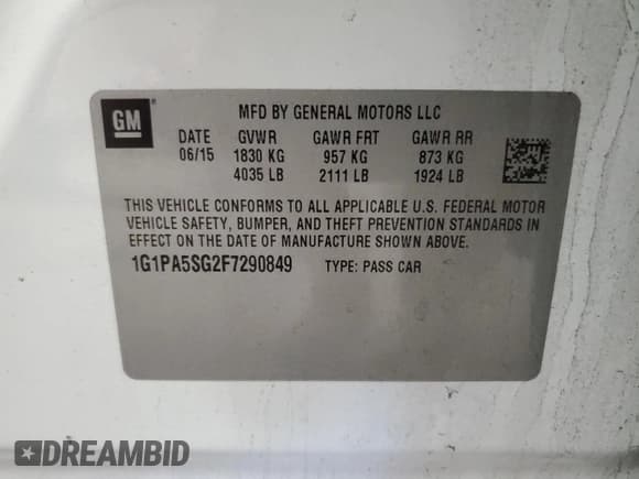 ✅ 2015 Chevrolet Cruze LS • VIN: 1G1PA5SG2F7290849 • Лот: 91595925. Опубликован ранее на Copart с пробегом 107 598 миль. Бесплатный доступ к архиву аукционных продаж из США и подробный отчёт об истории автомобиля на DreamBid. Изображение 12.