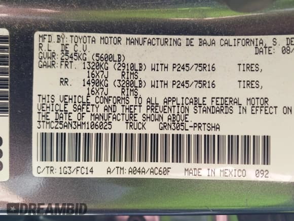 ✅ 2017 Toyota Tacoma TRD Off Road • VIN: 3TMCZ5AN3HM106025 • Lot: 43467726. Listed on IAAI with 68,455 mi. Free auction sales archive from the USA and detailed vehicle history report at DreamBid. Image 9.