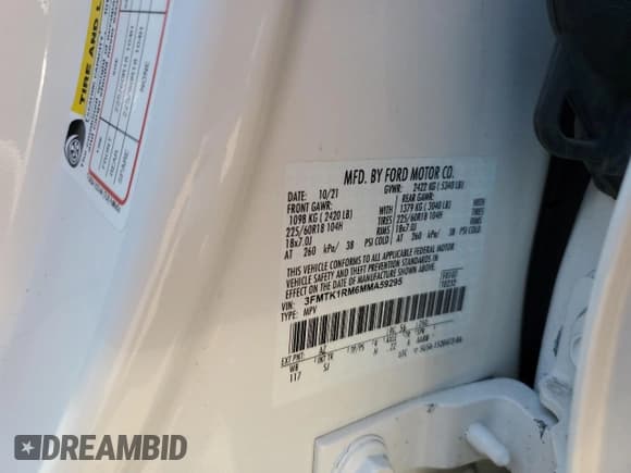 ✅ 2021 Ford Mustang Mach-E Select • VIN: 3FMTK1RM6MMA59295 • Лот: 80806655. Опубликован ранее на Copart с пробегом Не указан. Бесплатный доступ к архиву аукционных продаж из США и подробный отчёт об истории автомобиля на DreamBid. Изображение 12.