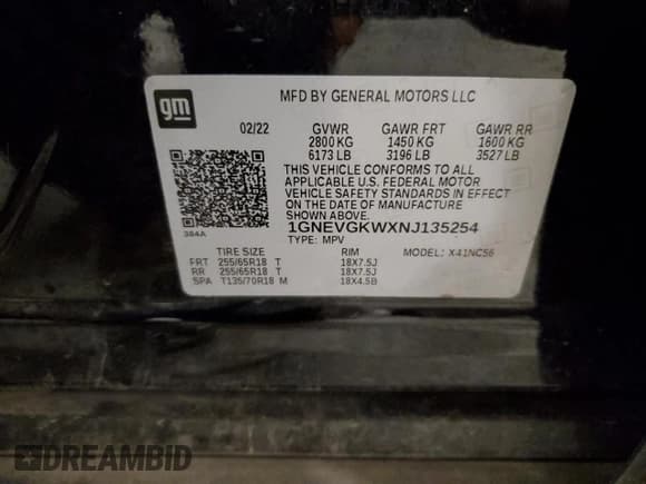 ✅ 2022 Chevrolet Traverse LT Cloth • VIN: 1GNEVGKWXNJ135254 • Lot: 86783615. Listed on Copart with 50,659 mi. Free auction sales archive from the USA and detailed vehicle history report at DreamBid. Image 13.