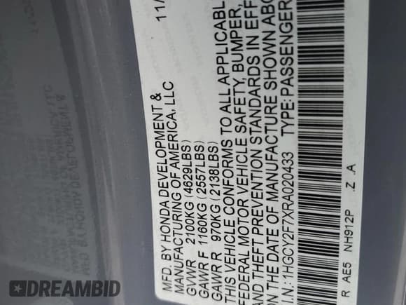 ✅ 2024 Honda Accord Sport-L • VIN: 1HGCY2F7XRA020433 • Lot: 69123965. Listed on Copart with 43,441 mi. Free auction sales archive from the USA and detailed vehicle history report at DreamBid. Image 12.