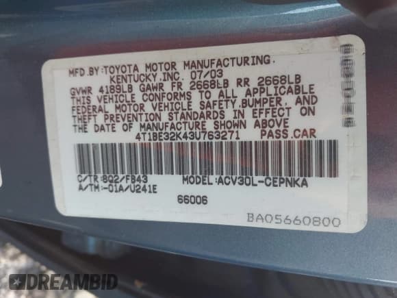 ✅ 2003 Toyota Camry LE • VIN: 4T1BE32K43U763271 • Lot: 43762985. Listed on IAAI with 234,811 mi. Free auction sales archive from the USA and detailed vehicle history report at DreamBid. Image 9.