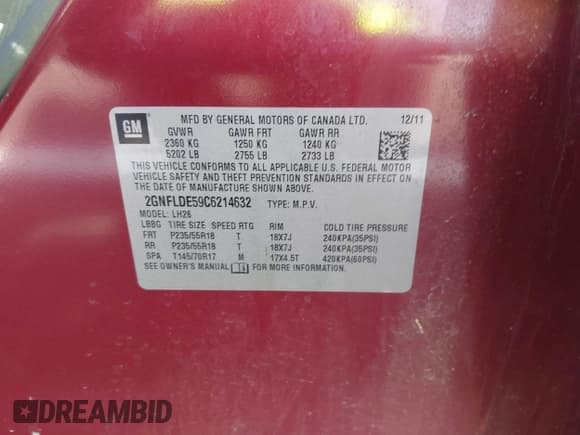 ✅ 2012 Chevrolet Equinox 1LT • VIN: 2GNFLDE59C6214632 • Лот: 43352153. Опубликован ранее на IAAI с пробегом 110 768 миль. Бесплатный доступ к архиву аукционных продаж из США и подробный отчёт об истории автомобиля на DreamBid. Изображение 9.