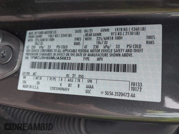 ✅ 2021 Ford Escape SEL • VIN: 1FMCU0H60MUA56833 • Lot: 42080822. Listed on IAAI with 64,850 mi. Free auction sales archive from the USA and detailed vehicle history report at DreamBid. Image 9.