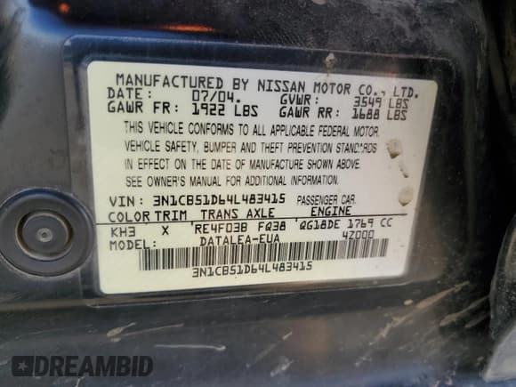 ✅ 2004 Nissan Sentra S • VIN: 3N1CB51D64L483415 • Lot: 89559845. Wystawiony na Copart z przebiegiem 194 509 mil. Bezpłatny archiwum sprzedaży aukcyjnych z USA i szczegółowy raport historii pojazdu na DreamBid. Zdjęcie 12.