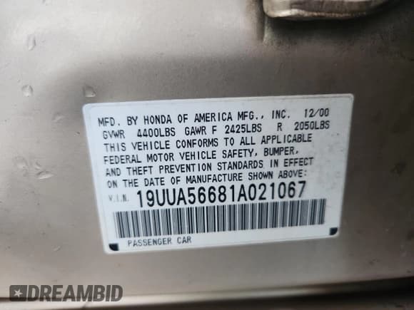 ✅ 2001 Acura TL • VIN: 19UUA56681A021067 • Lot: 85862575. Listed on Copart with 167,367 mi. Free auction sales archive from the USA and detailed vehicle history report at DreamBid. Image 13.