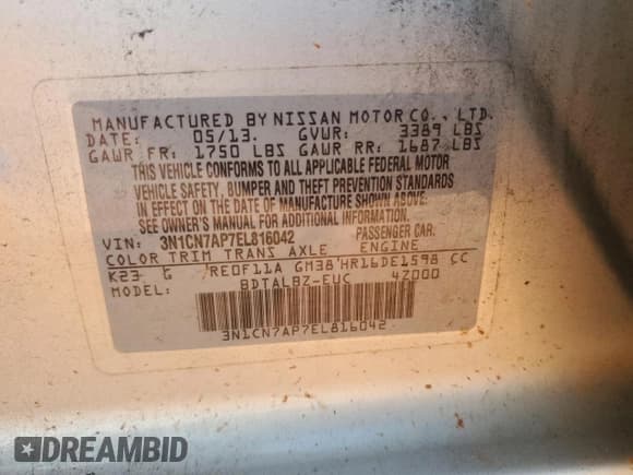 ✅ 2014 Nissan Versa SV • VIN: 3N1CN7AP7EL816042 • Lot: 65903395. Wystawiony na Copart z przebiegiem 181 149 mil. Bezpłatny archiwum sprzedaży aukcyjnych z USA i szczegółowy raport historii pojazdu na DreamBid. Zdjęcie 13.