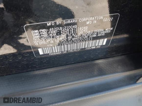 ✅ 2022 Subaru WRX • VIN: JF1VBAA62N9002933 • Lot: 42587255. Listed on IAAI with 68,278 mi. Free auction sales archive from the USA and detailed vehicle history report at DreamBid. Image 9.