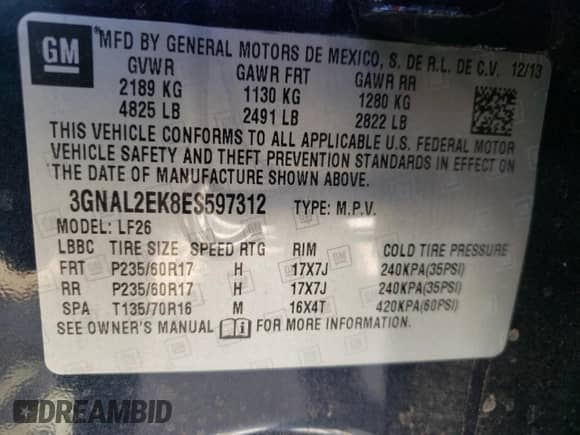 2014 Chevrolet Captiva Sport LS с VIN 3GNAL2EK8ES597312, выставлен на аукционе Copart как лот 39462204 с пробегом 106 972 миль миль и Списание • Salvage title. История ставок и продаж доступна на DreamBid. Изображение 12.