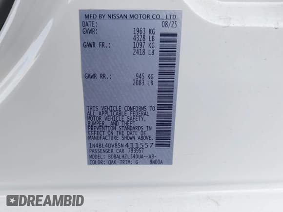 ✅ 2025 Nissan Altima SV • VIN: 1N4BL4DV8SN411557 • Lot: 43717524. Wystawiony na IAAI z przebiegiem 3 579 mil. Bezpłatny archiwum sprzedaży aukcyjnych z USA i szczegółowy raport historii pojazdu na DreamBid. Zdjęcie 9.