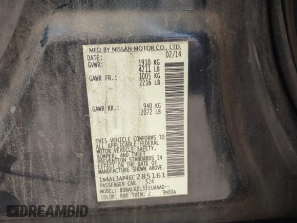 ✅ 2014 Nissan Altima SV • VIN: 1N4AL3AP4EC285161 • Lot: 42939844. Wystawiony na IAAI z przebiegiem 192 533 mil. Bezpłatny archiwum sprzedaży aukcyjnych z USA i szczegółowy raport historii pojazdu na DreamBid. Zdjęcie 9.