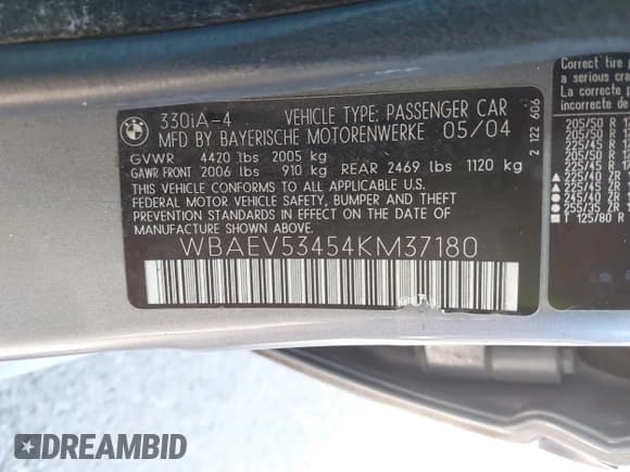 ✅ 2004 BMW 3 Series 330i • VIN: WBAEV53454KM37180 • Lot: 43261655. Listed on IAAI with 150,536 mi. Free auction sales archive from the USA and detailed vehicle history report at DreamBid. Image 9.