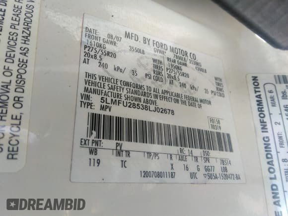 ✅ 2008 Lincoln Navigator • VIN: 5LMFU28538LJ02678 • Лот: 42861627. Опубликован ранее на IAAI с пробегом 177 626 миль. Бесплатный доступ к архиву аукционных продаж из США и подробный отчёт об истории автомобиля на DreamBid. Изображение 9.