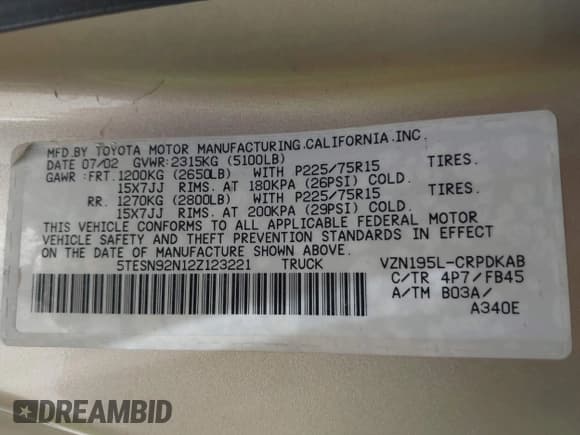 ✅ 2002 Toyota Tacoma PreRunner • VIN: 5TESN92N12Z123221 • Lot: 43067445. Listed on IAAI with 282,792 mi. Free auction sales archive from the USA and detailed vehicle history report at DreamBid. Image 9.