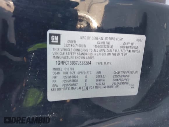 ✅ 2007 Chevrolet Tahoe LT • VIN: 1GNFC13037J328284 • Lot: 43741509. Listed on IAAI with 295,060 mi. Free auction sales archive from the USA and detailed vehicle history report at DreamBid. Image 9.