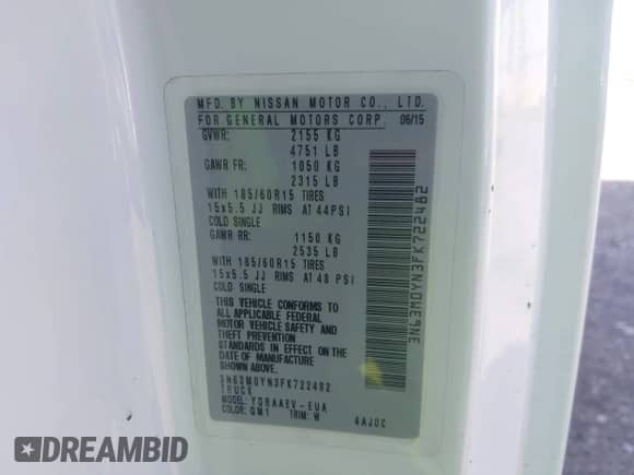 2015 Chevrolet City Express Cargo LS with VIN 3N63M0YN3FK722482, listed as a IAAI auction lot 43392991 with 128,599 mi miles and . Bid and sale history available at DreamBid. Image 9.