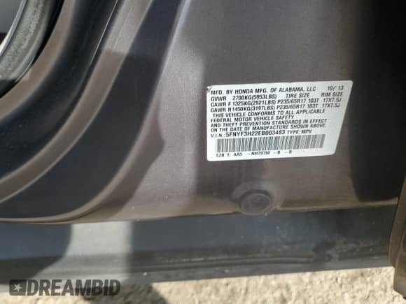 2014 Honda Pilot LX with VIN 5FNYF3H22EB003483, listed as a Copart auction lot 85275195 with Not provided miles and Salvage title. Bid and sale history available at DreamBid. Image 13.