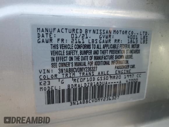 ✅ 2021 Nissan Sentra SV • VIN: 3N1AB8CV0MY236327 • Лот: 81138335. Опубликован ранее на Copart с пробегом 78 376 миль. Бесплатный доступ к архиву аукционных продаж из США и подробный отчёт об истории автомобиля на DreamBid. Изображение 12.