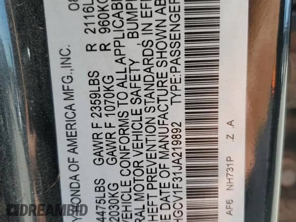 2018 Honda Accord Sport с VIN 1HGCV1F31JA219892, выставлен на аукционе Copart как лот 81993515 с пробегом 94 935 миль миль и Списание • Salvage title. История ставок и продаж доступна на DreamBid. Изображение 13.