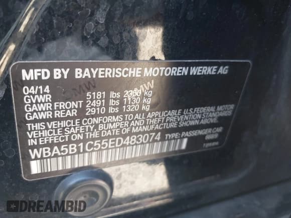 ✅ 2014 BMW 5 Series 535i • VIN: WBA5B1C55ED483074 • Lot: 43012811. Listed on IAAI with 95,876 mi. Free auction sales archive from the USA and detailed vehicle history report at DreamBid. Image 9.