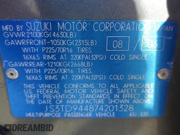 ✅ 2007 Suzuki Grand Vitara XSport • VIN: JS3TD944874201328 • Lot: 86438395. Wystawiony na Copart z przebiegiem 172 144 mil. Bezpłatny archiwum sprzedaży aukcyjnych z USA i szczegółowy raport historii pojazdu na DreamBid. Zdjęcie 13.