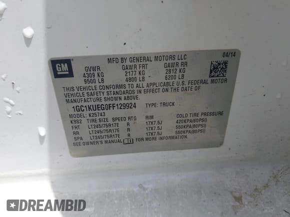 ✅ 2015 Chevrolet Silverado 2500HD Work Truck • VIN: 1GC1KUEG0FF129924 • Lot: 42050402. Listed on IAAI with 162,472 mi. Free auction sales archive from the USA and detailed vehicle history report at DreamBid. Image 9.