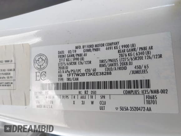 ✅ 2019 Ford F-250 XL • VIN: 1FT7W2BT3KEE38288 • Лот: 41520760. Опубликован ранее на IAAI с пробегом 53 806 миль. Бесплатный доступ к архиву аукционных продаж из США и подробный отчёт об истории автомобиля на DreamBid. Изображение 9.