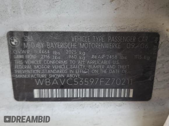 ✅ 2007 BMW 3 Series 328i • VIN: WBAVC53597FZ70211 • Lot: 86897965. Listed on Copart with 180,582 mi. Free auction sales archive from the USA and detailed vehicle history report at DreamBid. Image 12.