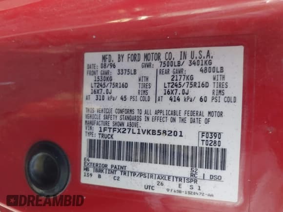 ✅ 1997 Ford F-250 • VIN: 1FTFX27L1VKB58201 • Лот: 41621484. Опубликован ранее на IAAI с пробегом 280 866 миль. Бесплатный доступ к архиву аукционных продаж из США и подробный отчёт об истории автомобиля на DreamBid. Изображение 9.